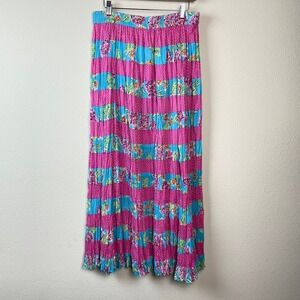 Phool Maxi Skirt Womens Large Pink Blue Floral Polka Dot Boho Tiered Vintage